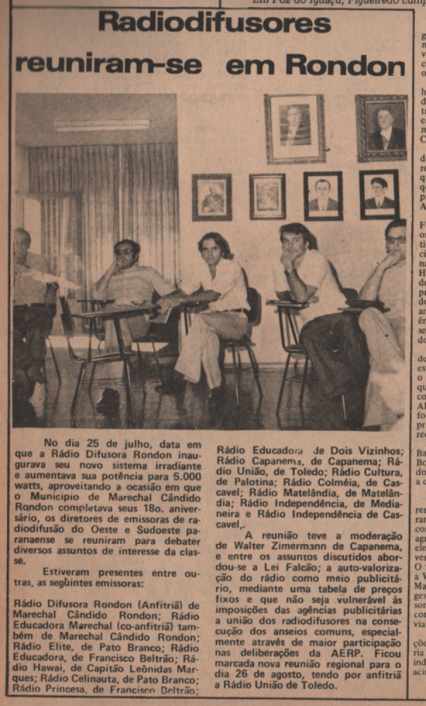 || Destaque do jornal "Rondon Hoje" sobre o encontro dos radiodifusores em Marechal Cândido Rondon, em julho de 1978.
Imagem: Acervo Projeto Memória Rondonense/Família Ariovaldo Luiz Bier - FOTO 30 -