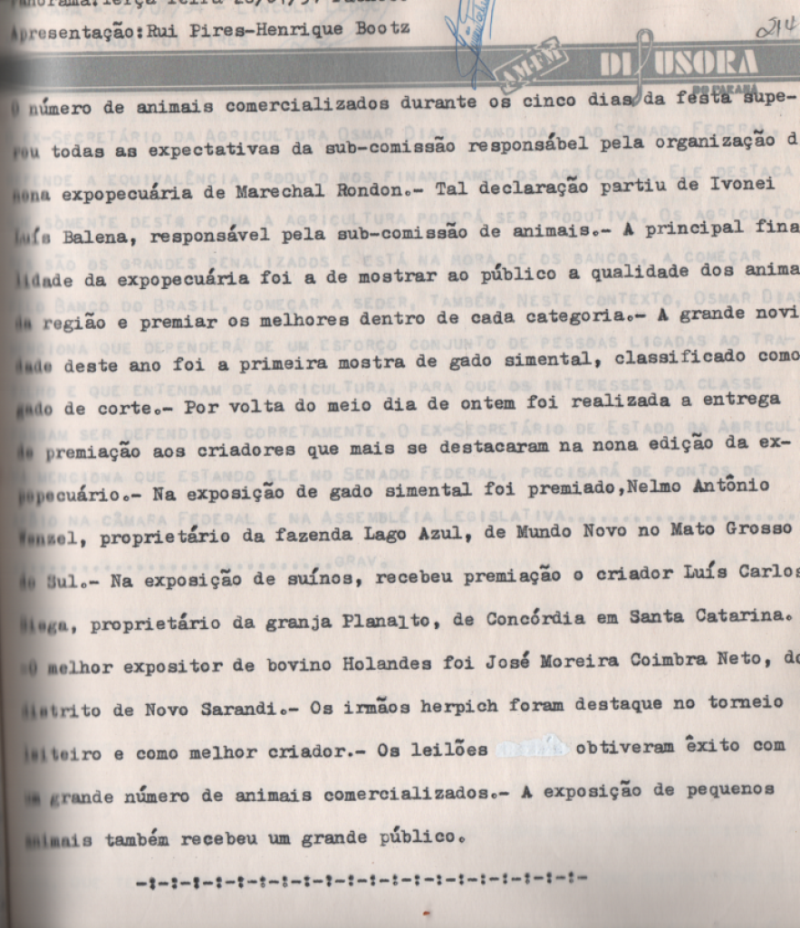 || Recorte com a identificação dos premiados na 9ª expopecuária, evento da comemoração do 34 anos de Marechal Cândido Rondon, em julho de 1994.
Imagem: Acervo da Rádio Difusora do Paraná - FOTO 41 -