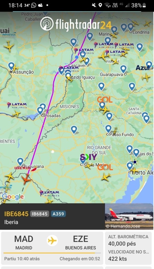 || Identificação da rota do avião da Iberia que cruzou o espaço aéreo da cidade de Marechal Cândido Rondon, começo do final  da tarde de 02 de outubro de 2024.
Imagem: Acervo Flightradar - FOTO 34 -