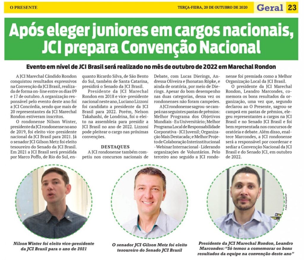 || Destaque do jornal rondonense o Presente sobre a participação da JCI Marechal Cândido Rondon na Convenção Nacional 2020, em outubro de 2020.
Imagem: Acervo O Presente - FOTO 28  -