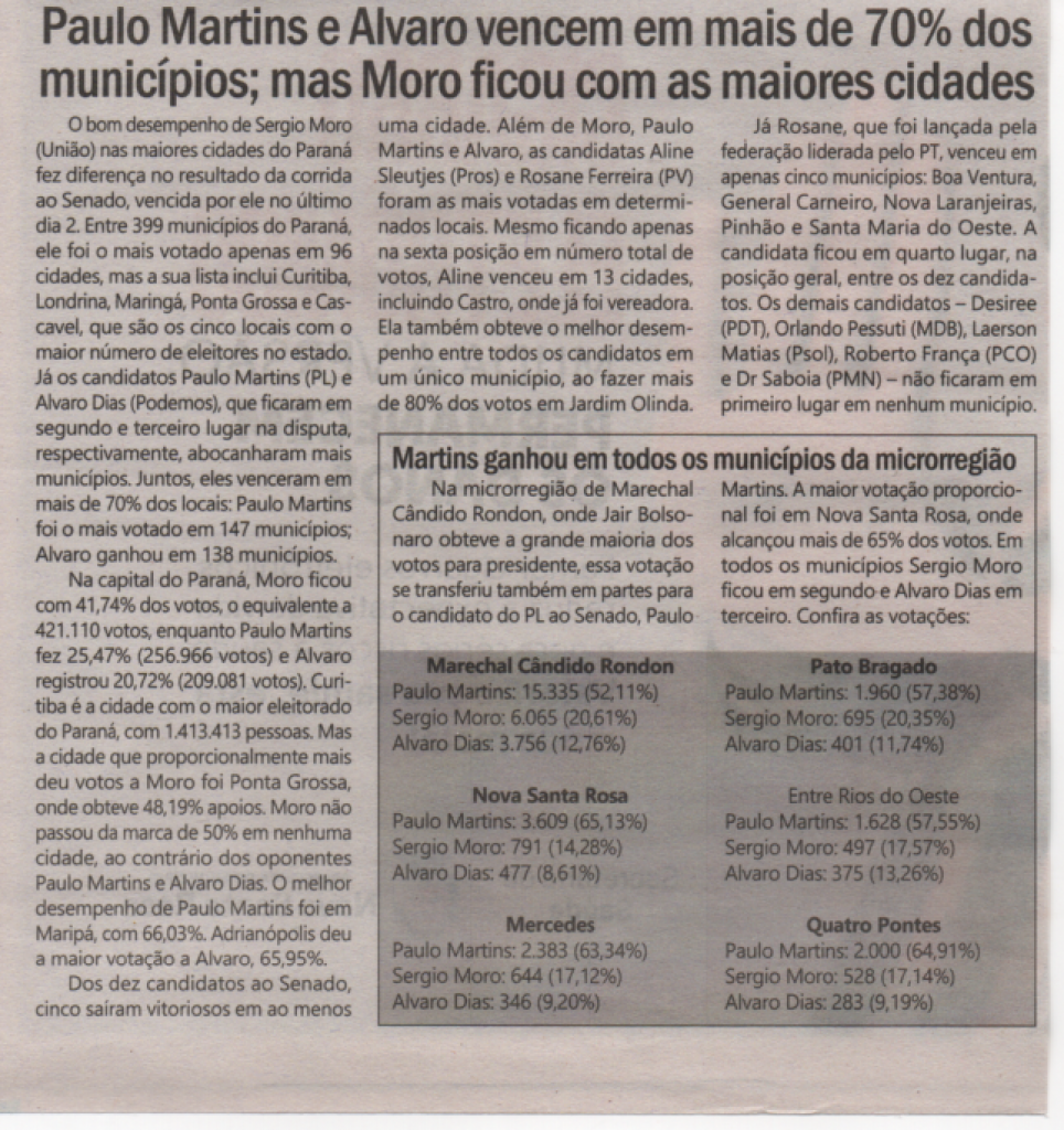 || Destaque do jornal rondonense "Tribuna do Oeste" sobre a eleição de senador do Paraná, no pleito de 02 de outubro de 2022.
Imagem: Acervo do informativo citado, p.6, ed. 13.10.2022 - FOTO 27 -