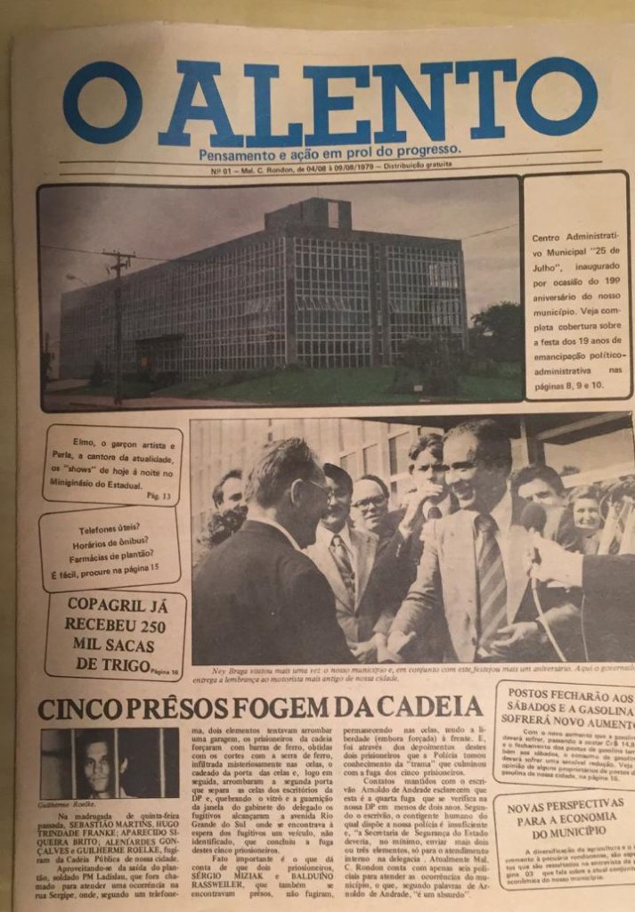|| Capa da 1ª edição do extinto jornal rondonense "O Alento", em agosto de 1979.
Imagem: Acervo Arnold Lamb - FOTO 3 -