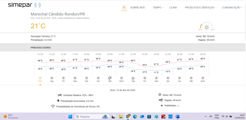 || Previsão meteorológica para a cidade de Marechal Cândido Rondon, 14 de setembro de 2025 e dias supervenientes, fornecida pelo Simepar - FOTO 31 -