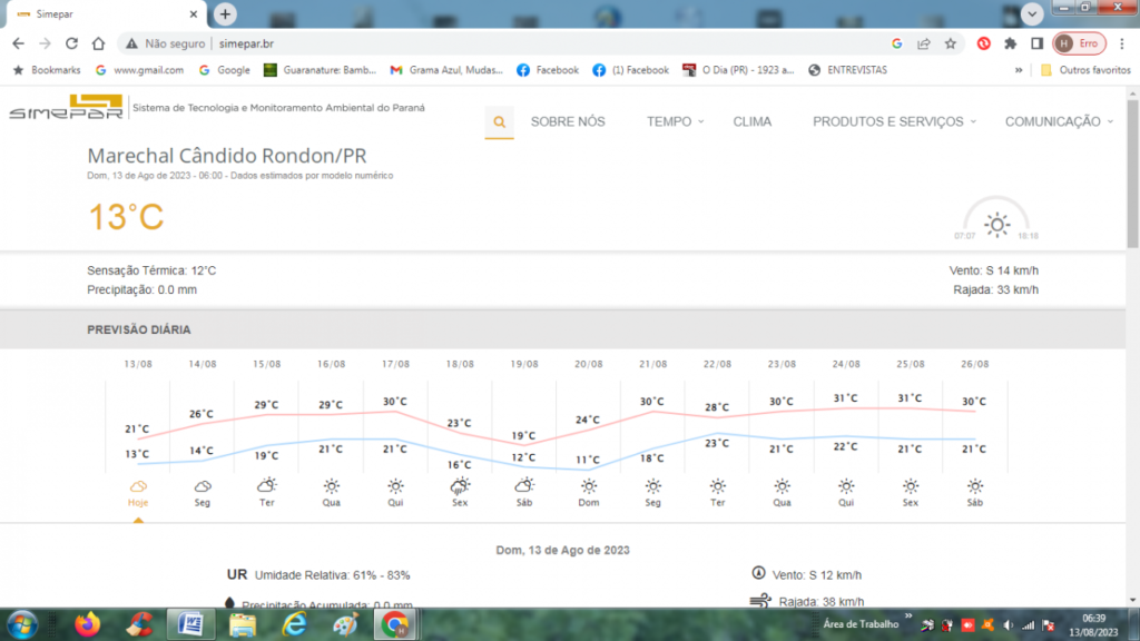|| Planilha digital de previsão meteorológica do Sistema e Tecnologia e Monitoramento Ambiental do Paraná (SIMEPAR) para a cidade de Marechal Cândido Rondon, dia 13 de agosto de 2023 e dias seguintes.
Imagem: Acervo do Órgão citado - FOTO 27 -