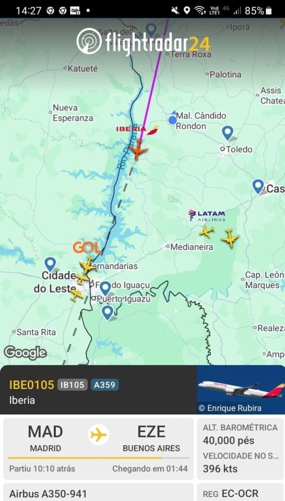 || Identificação da rota do avião da Iberia que cruzou o espaço aéreo da cidade de Marechal Cândido Rondon, no começo da tarde de 25 de julho de 2025.
Imagem: Acervo Flightradar - FOTO 63 -