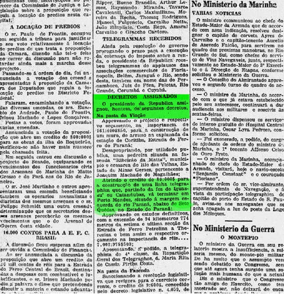 || Recorte do informativo "O Jornal" com a notícia de abertura de crédito para construção de uma linha telegráfica até Porto Mendes, em outubro de 1921.
Imagem: Biblioteca Nacional Digital - FOTO 3 -