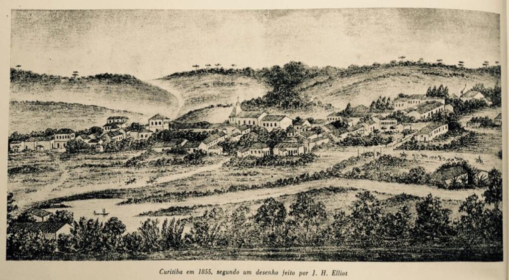 || Incipiente vilarejo de Curitiba de 1855,  formado por aquele grupo de desbravadores que veio da antiga Vilinha (hoje Bairro Alto), onde tinham se estabelecido em busca de ouro. 
Desenho de J. H. Elliot*.
* Paranaense de Jaguaraíva (1809-1884). 
Imagem: Acervo e legenda (parcial) de Paulo Roberto Grani em "Antigamente em Curitiba"/ Facebook - FOTO 3 -
