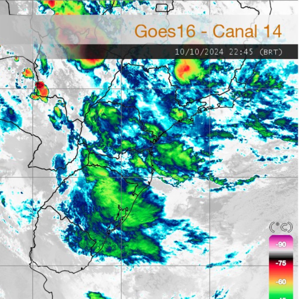 || Mapa de satélite identificando as áreas de instabilidade na Região Sul, em 11 de outubro de 2024.
Imagem: Simepar - FOTO 20 -
