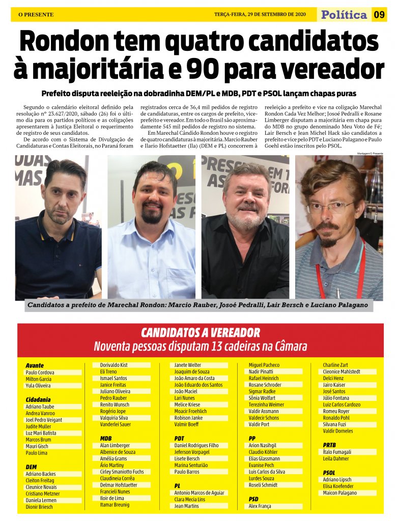 || Candidaturas a prefeito, vice-prefeito e vereadores no município de Marechal Cândido Rondon.
Imagem: Acervo O Presente - FOTO 20 -
