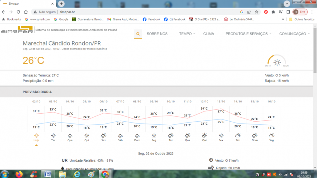 || Boletim climatológico para a cidade de Marechal Cândido Rondon, com informações para o dia 02 de outubro de 2023 e dias seguintes, fornecido pelo Sistema de Tecnologia e Monitoramento Ambiental do Paraná (SIMEPAR). 
Imagem: Acervo do Órgão citado - FOT0 31 -