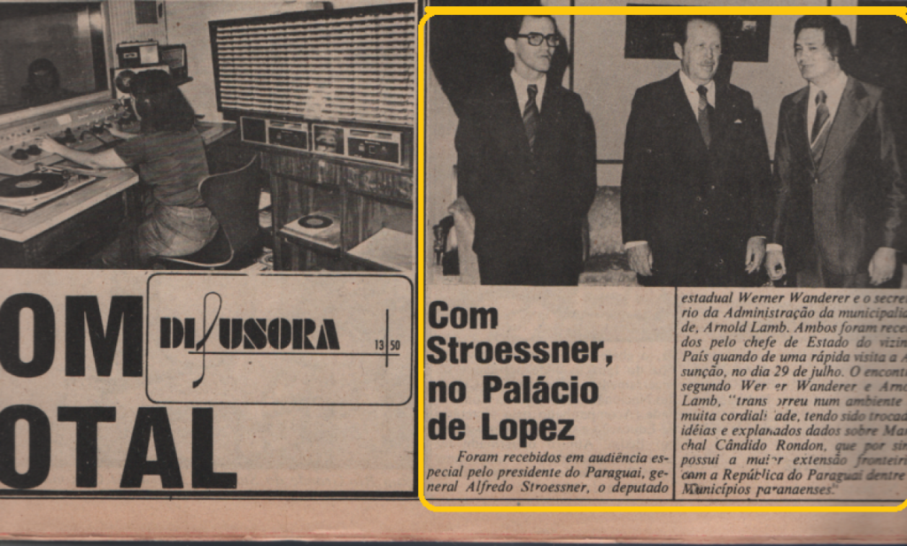 || Destaque do jornal rondonense  "Rondon Hoje" sobre a visita do deputado estadual Werner Wandeer e do secretário municipal, Arnold Lamb, ao presidente do Paraguai, general Alfredo Stroessner, em julho de 1977.
Imagem: Acervo Família Bier - FOTO 9 -