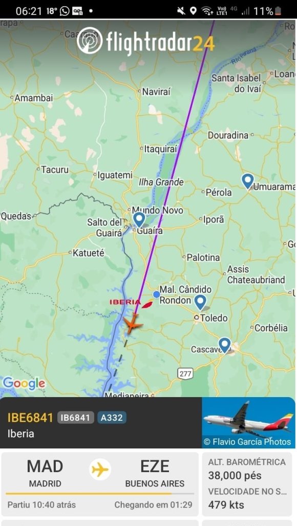 || Identificação da rota do avião da Iberia que cruzou o espaço aéreo de Marechal Cândido Rondon, no começo da manhã de 19 de outubro de 2024.
Imagem: Acervo Flightradar - FOTO 14 -