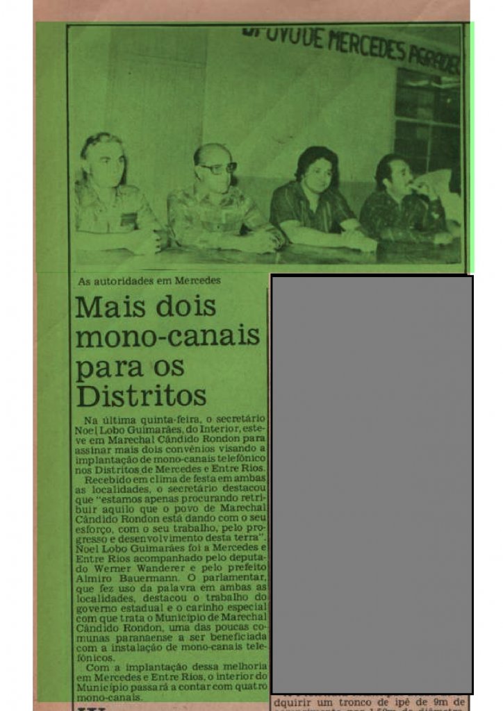 || Recorte do jornal rondonense "Rondon Hoje" com a notícia da assinatura de conveníos para monocanais de telefone, em setembro de 1977.
Imagem: Acervo Projeto Memória Rondonense